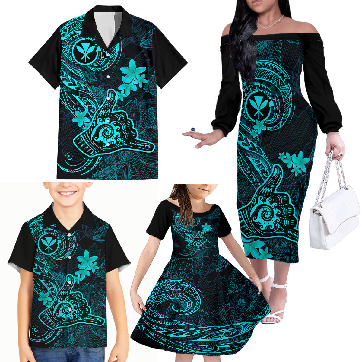 Hawaii Family Matching Off Shoulder Long Sleeve Dress and Hawaiian Shirt Shaka Tattoo Mix Polynesian Plumeria Turquoise Version LT14 - Polynesian Pride