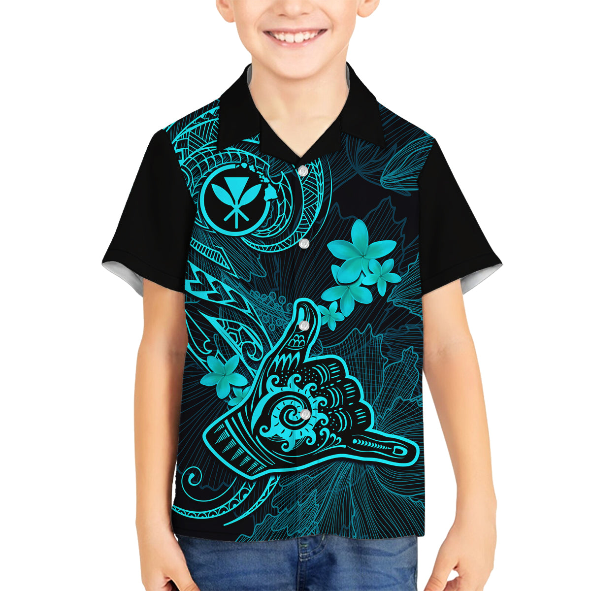 Hawaii Family Matching Off Shoulder Long Sleeve Dress and Hawaiian Shirt Shaka Tattoo Mix Polynesian Plumeria Turquoise Version LT14 Son's Shirt Turquoise - Polynesian Pride