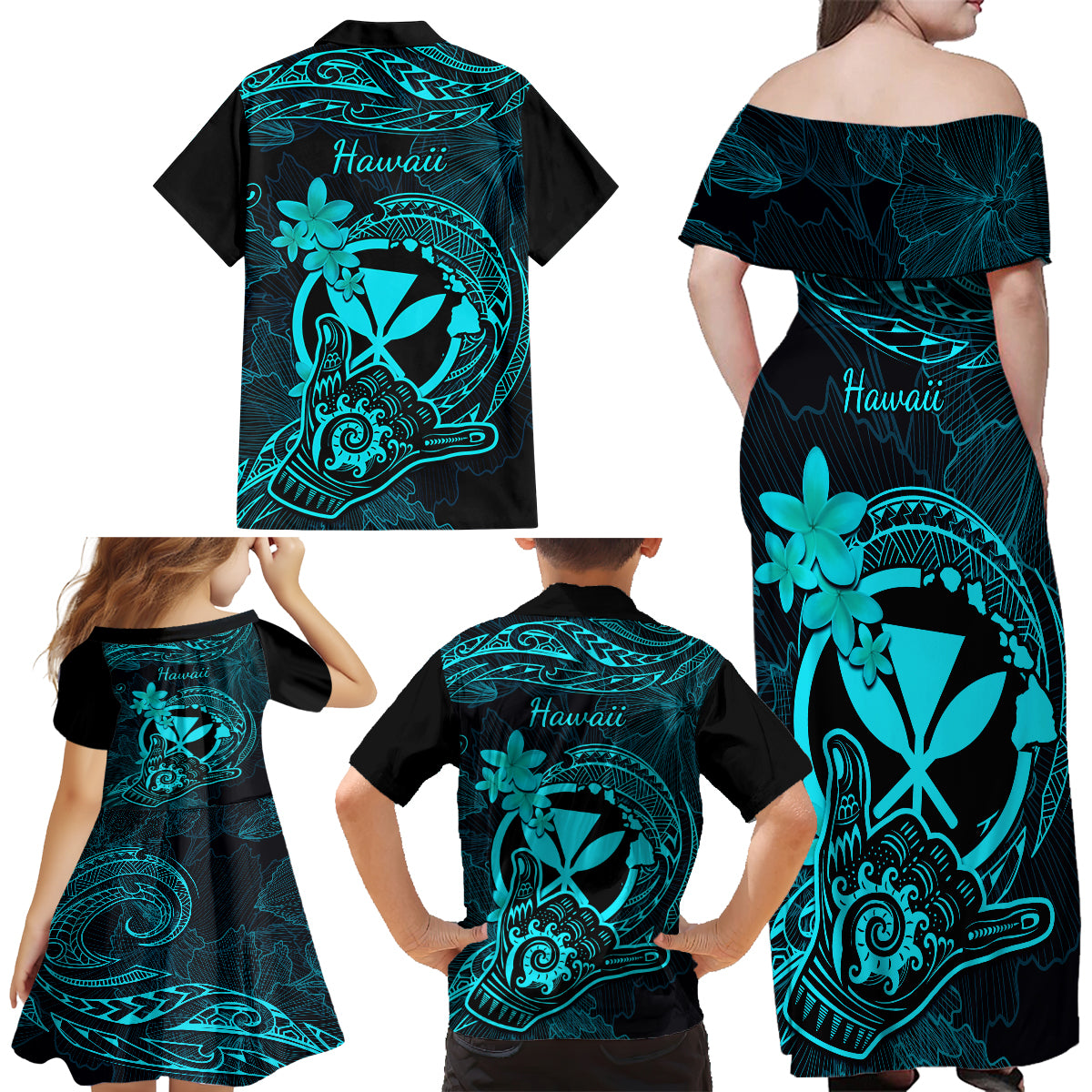 Hawaii Family Matching Off Shoulder Maxi Dress and Hawaiian Shirt Shaka Tattoo Mix Polynesian Plumeria Turquoise Version LT14 - Polynesian Pride