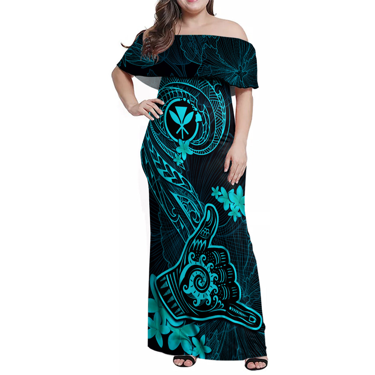 Hawaii Family Matching Off Shoulder Maxi Dress and Hawaiian Shirt Shaka Tattoo Mix Polynesian Plumeria Turquoise Version LT14 Mom's Dress Turquoise - Polynesian Pride
