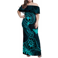 Hawaii Family Matching Off Shoulder Maxi Dress and Hawaiian Shirt Shaka Tattoo Mix Polynesian Plumeria Turquoise Version LT14 Mom's Dress Turquoise - Polynesian Pride