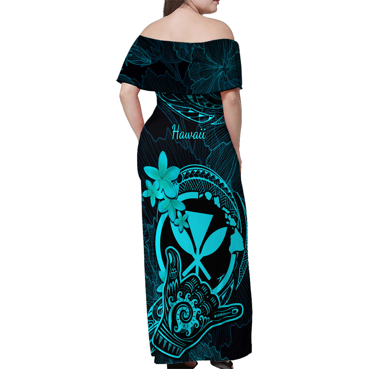 Hawaii Family Matching Off Shoulder Maxi Dress and Hawaiian Shirt Shaka Tattoo Mix Polynesian Plumeria Turquoise Version LT14 - Polynesian Pride