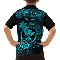 Hawaii Family Matching Off Shoulder Short Dress and Hawaiian Shirt Shaka Tattoo Mix Polynesian Plumeria Turquoise Version LT14 - Polynesian Pride