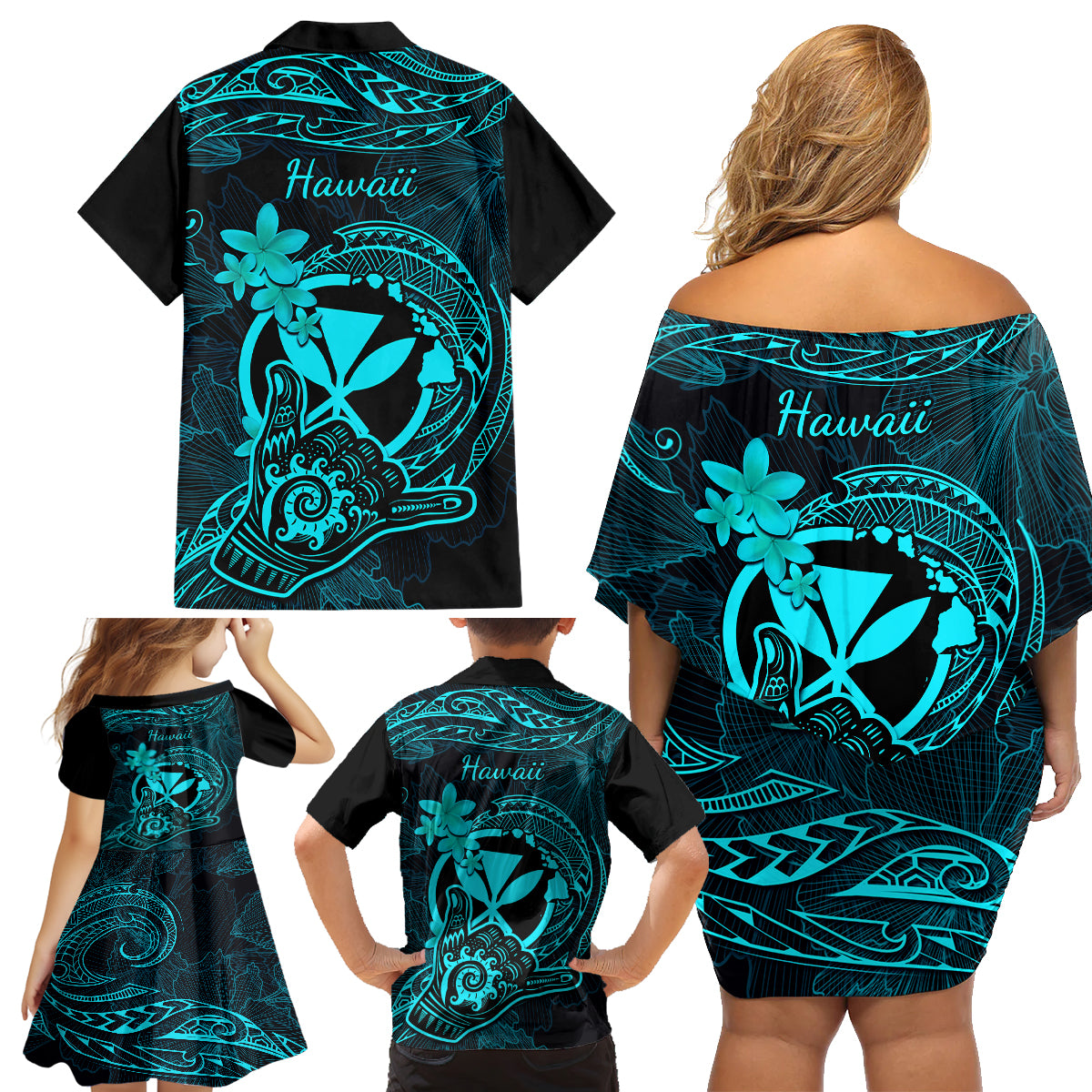 Hawaii Family Matching Off Shoulder Short Dress and Hawaiian Shirt Shaka Tattoo Mix Polynesian Plumeria Turquoise Version LT14 - Polynesian Pride