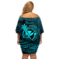 Hawaii Family Matching Off Shoulder Short Dress and Hawaiian Shirt Shaka Tattoo Mix Polynesian Plumeria Turquoise Version LT14 - Polynesian Pride