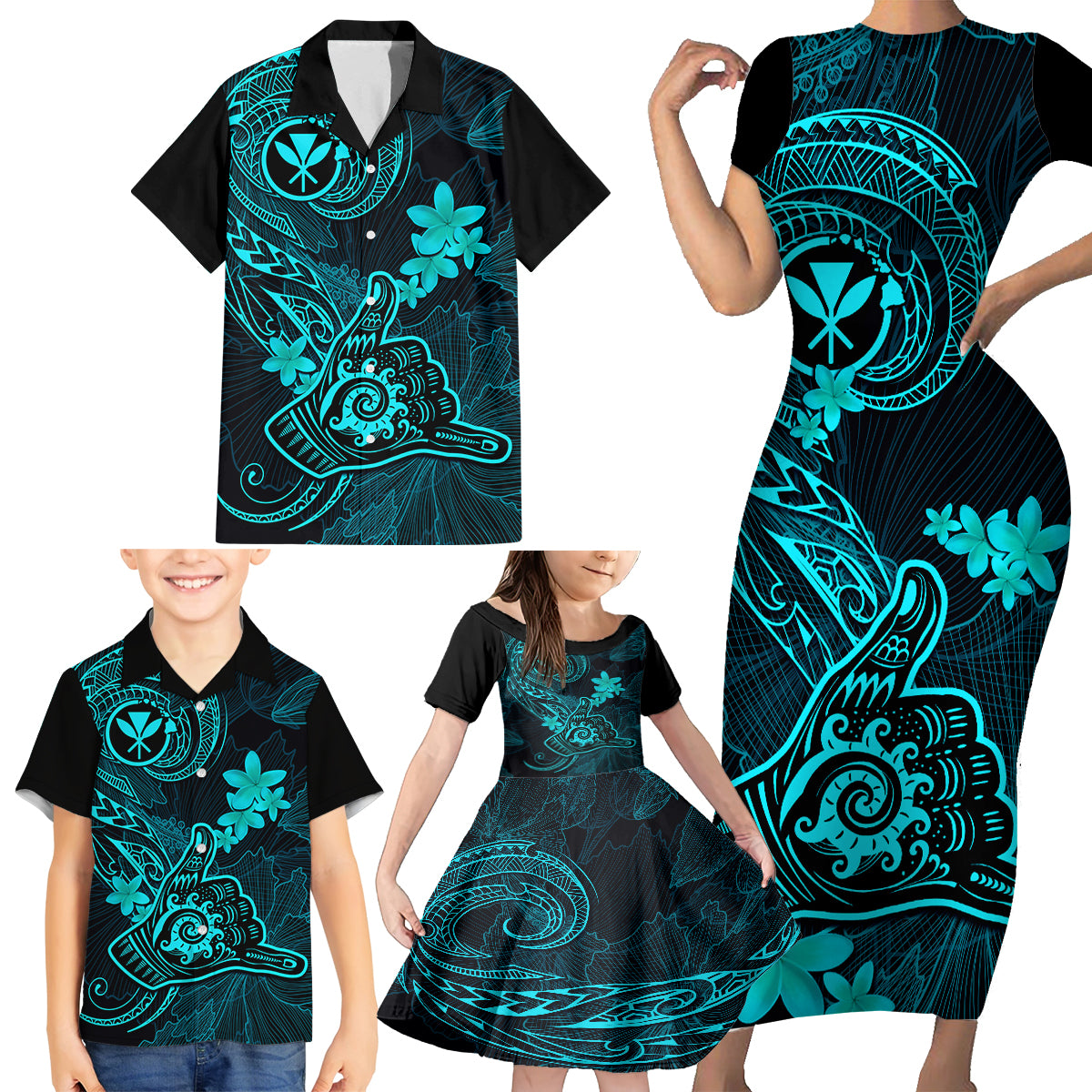 Hawaii Family Matching Short Sleeve Bodycon Dress and Hawaiian Shirt Shaka Tattoo Mix Polynesian Plumeria Turquoise Version LT14 - Polynesian Pride