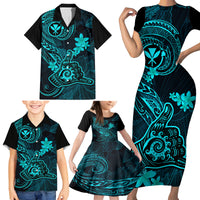 Hawaii Family Matching Short Sleeve Bodycon Dress and Hawaiian Shirt Shaka Tattoo Mix Polynesian Plumeria Turquoise Version LT14 - Polynesian Pride