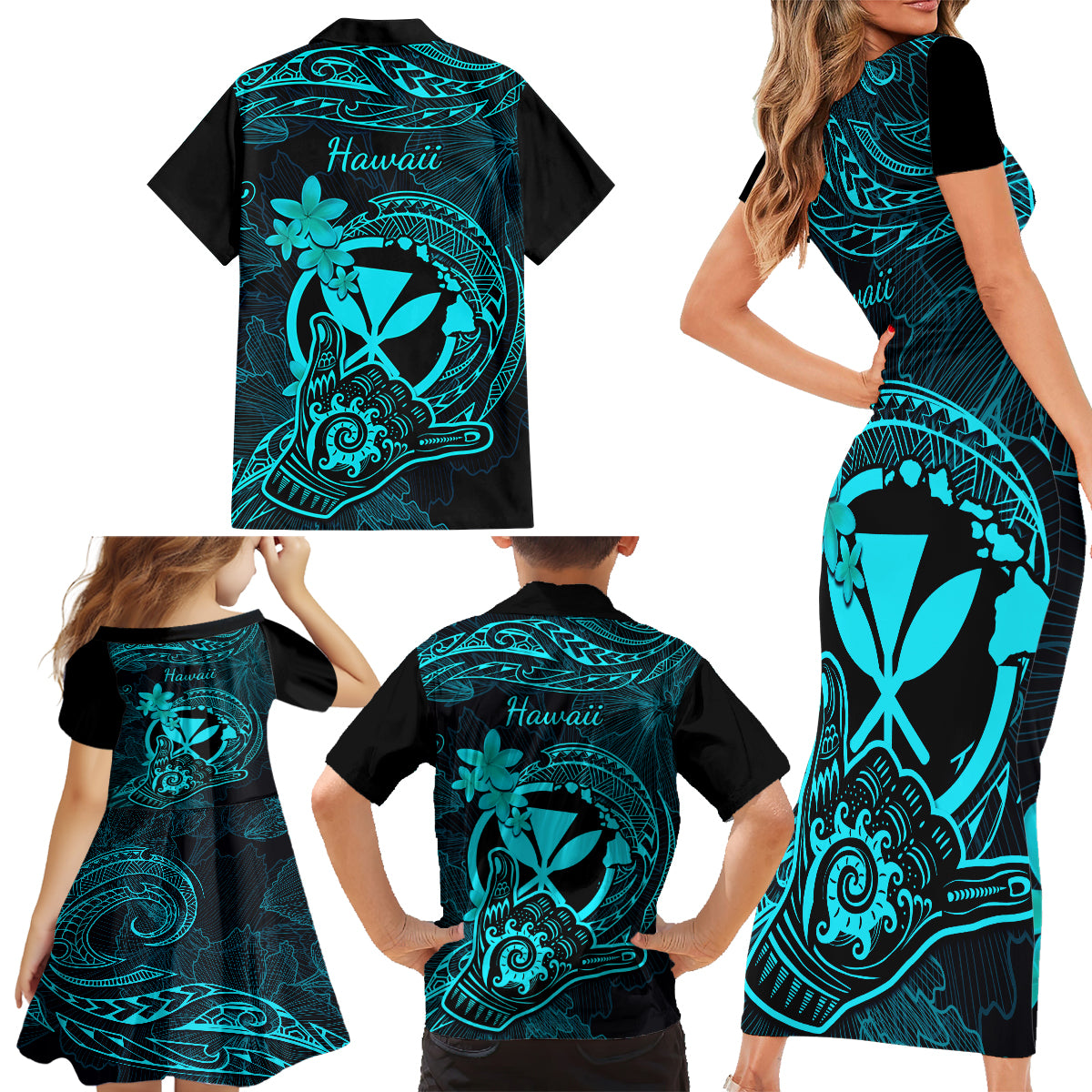 Hawaii Family Matching Short Sleeve Bodycon Dress and Hawaiian Shirt Shaka Tattoo Mix Polynesian Plumeria Turquoise Version LT14 - Polynesian Pride