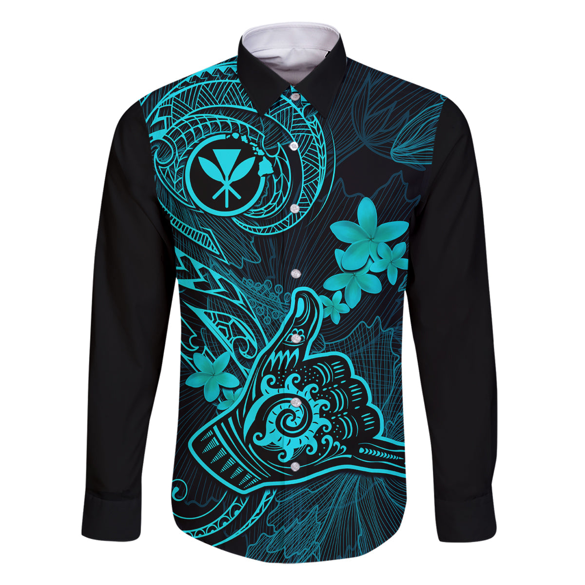 Hawaii Family Matching Tank Maxi Dress and Hawaiian Shirt Shaka Tattoo Mix Polynesian Plumeria Turquoise Version LT14 Dad's Shirt - Long Sleeve Turquoise - Polynesian Pride
