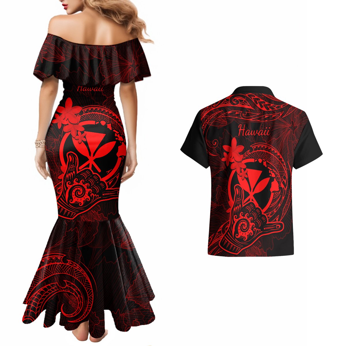 hawaii-couples-matching-mermaid-dress-and-hawaiian-shirt-shaka-tattoo-mix-polynesian-plumeria-red-version