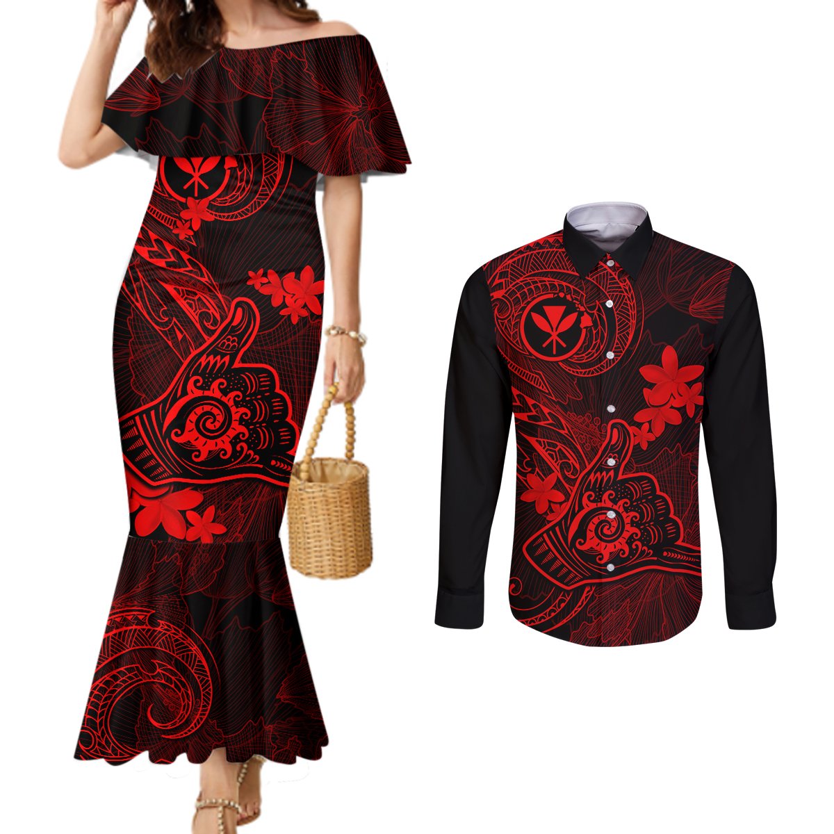 hawaii-couples-matching-mermaid-dress-and-long-sleeve-button-shirts-shaka-tattoo-mix-polynesian-plumeria-red-version