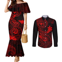 hawaii-couples-matching-mermaid-dress-and-long-sleeve-button-shirts-shaka-tattoo-mix-polynesian-plumeria-red-version