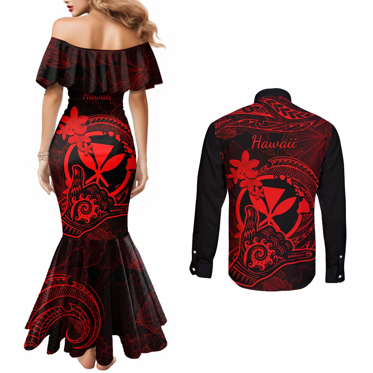 hawaii-couples-matching-mermaid-dress-and-long-sleeve-button-shirts-shaka-tattoo-mix-polynesian-plumeria-red-version