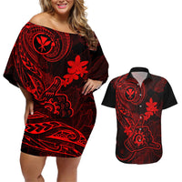 hawaii-couples-matching-off-shoulder-short-dress-and-hawaiian-shirt-shaka-tattoo-mix-polynesian-plumeria-red-version