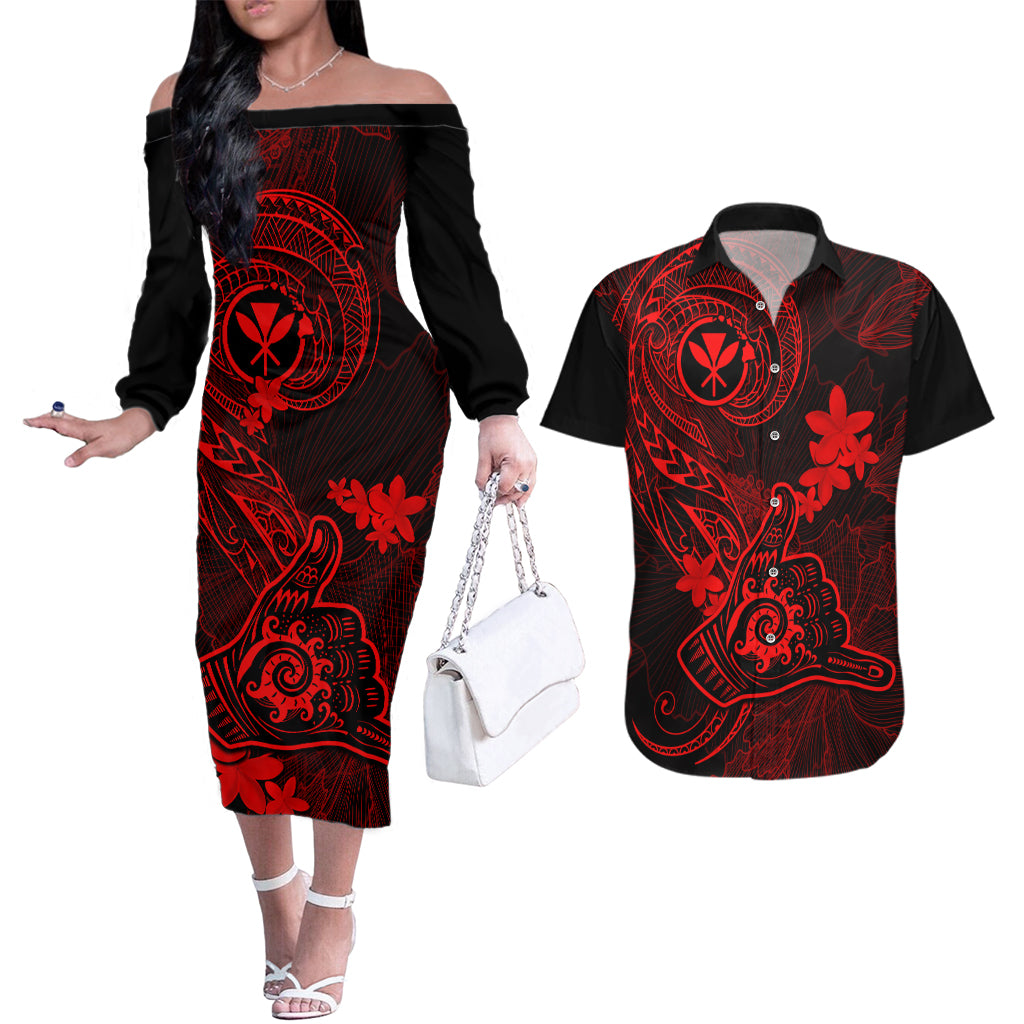 hawaii-couples-matching-off-the-shoulder-long-sleeve-dress-and-hawaiian-shirt-shaka-tattoo-mix-polynesian-plumeria-red-version