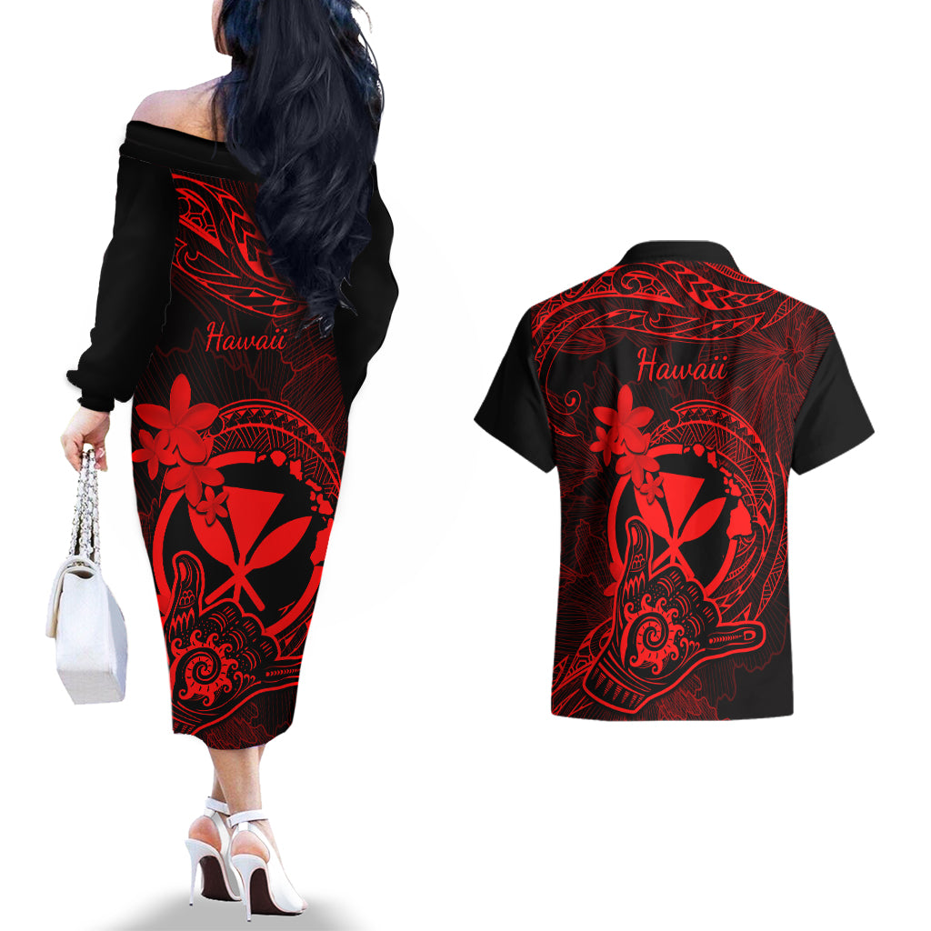 hawaii-couples-matching-off-the-shoulder-long-sleeve-dress-and-hawaiian-shirt-shaka-tattoo-mix-polynesian-plumeria-red-version