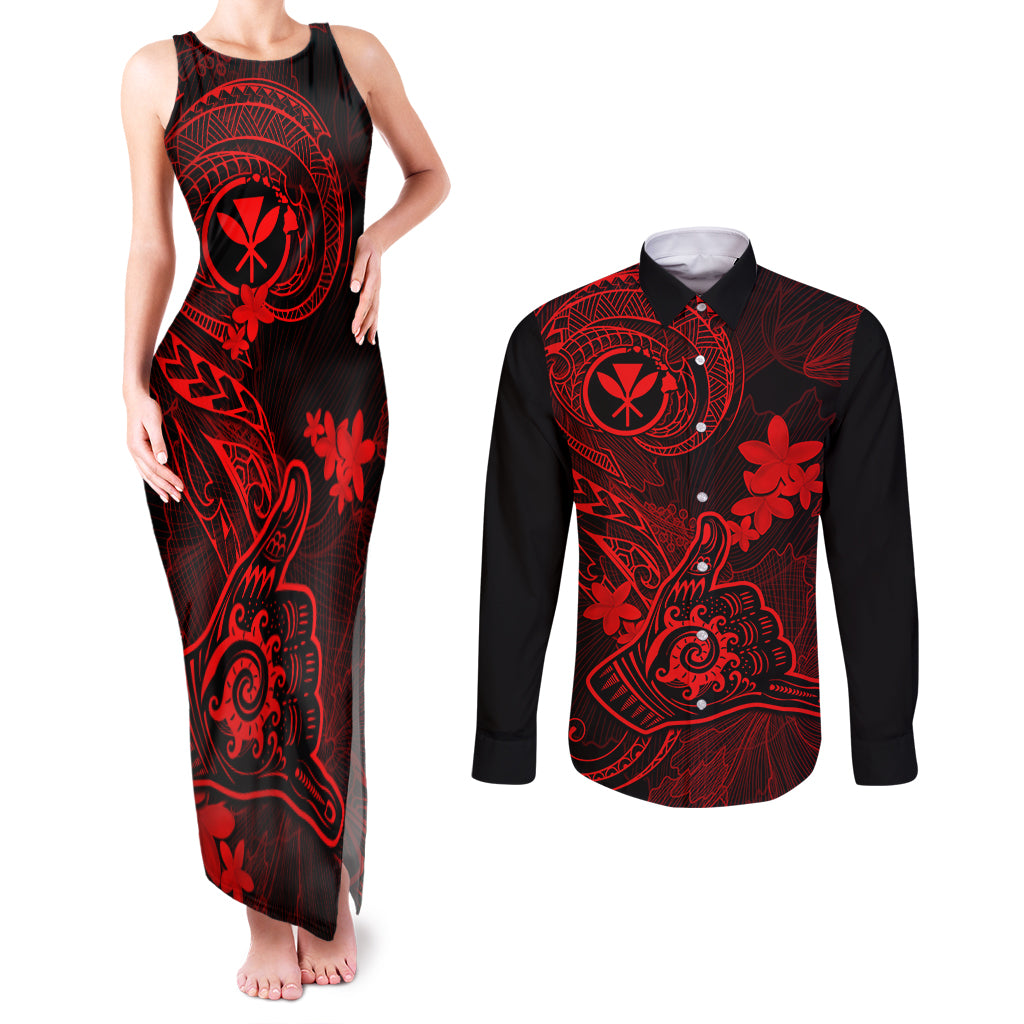 hawaii-couples-matching-tank-maxi-dress-and-long-sleeve-button-shirts-shaka-tattoo-mix-polynesian-plumeria-red-version
