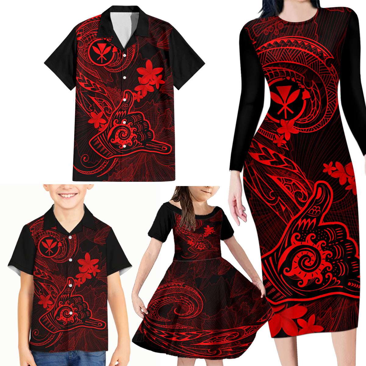Hawaii Family Matching Long Sleeve Bodycon Dress and Hawaiian Shirt Shaka Tattoo Mix Polynesian Plumeria Red Version LT14 - Polynesian Pride