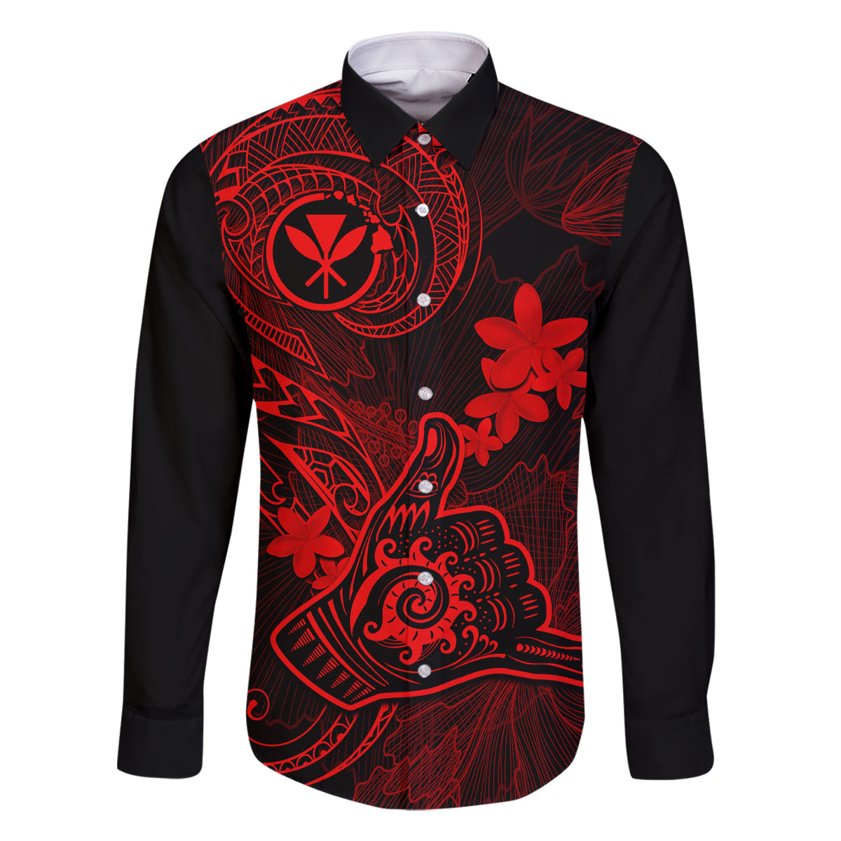 Hawaii Family Matching Long Sleeve Bodycon Dress and Hawaiian Shirt Shaka Tattoo Mix Polynesian Plumeria Red Version LT14 Dad's Shirt - Long Sleeve Red - Polynesian Pride