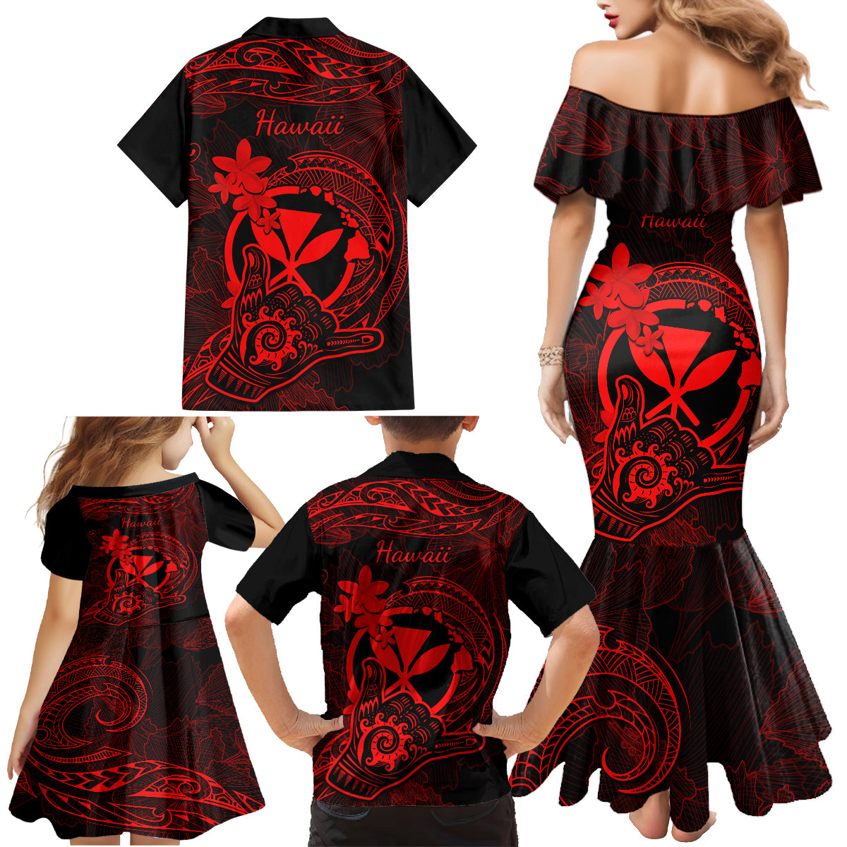 Hawaii Family Matching Mermaid Dress and Hawaiian Shirt Shaka Tattoo Mix Polynesian Plumeria Red Version LT14 - Polynesian Pride