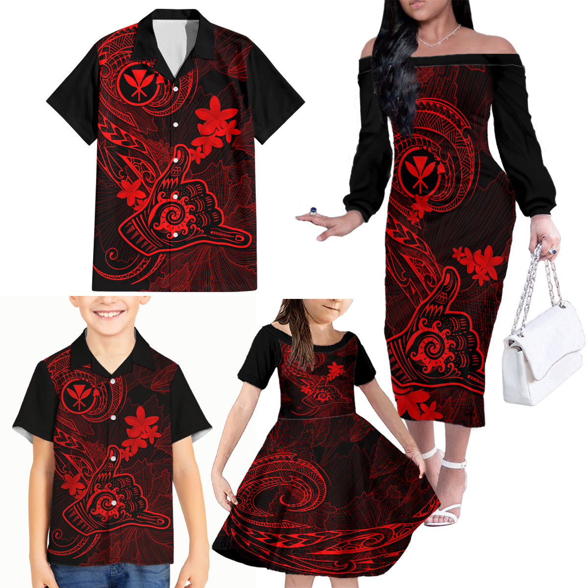 Hawaii Family Matching Off Shoulder Long Sleeve Dress and Hawaiian Shirt Shaka Tattoo Mix Polynesian Plumeria Red Version LT14 - Polynesian Pride