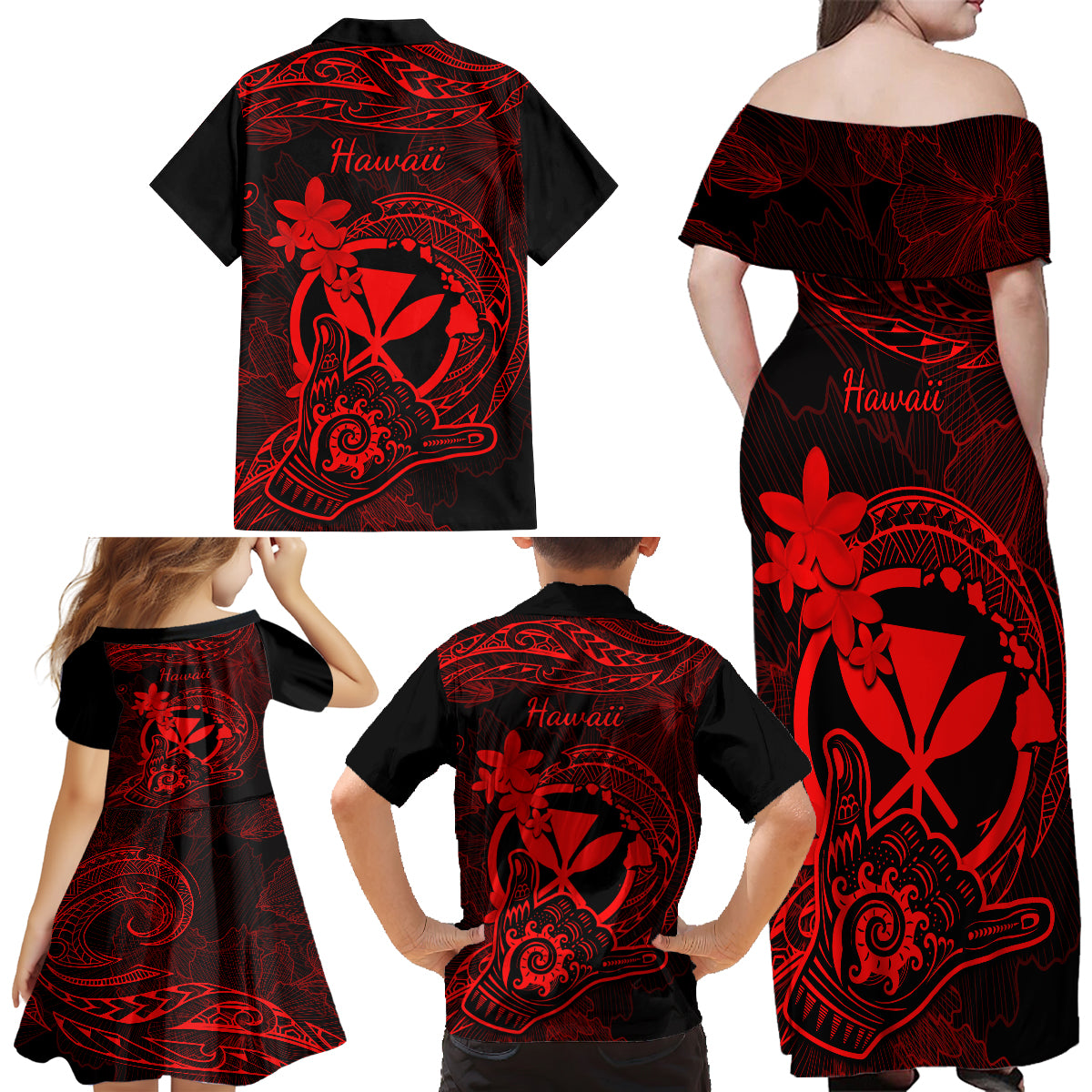 Hawaii Family Matching Off Shoulder Long Sleeve Dress and Hawaiian Shirt Shaka Tattoo Mix Polynesian Plumeria Red Version LT14 - Polynesian Pride