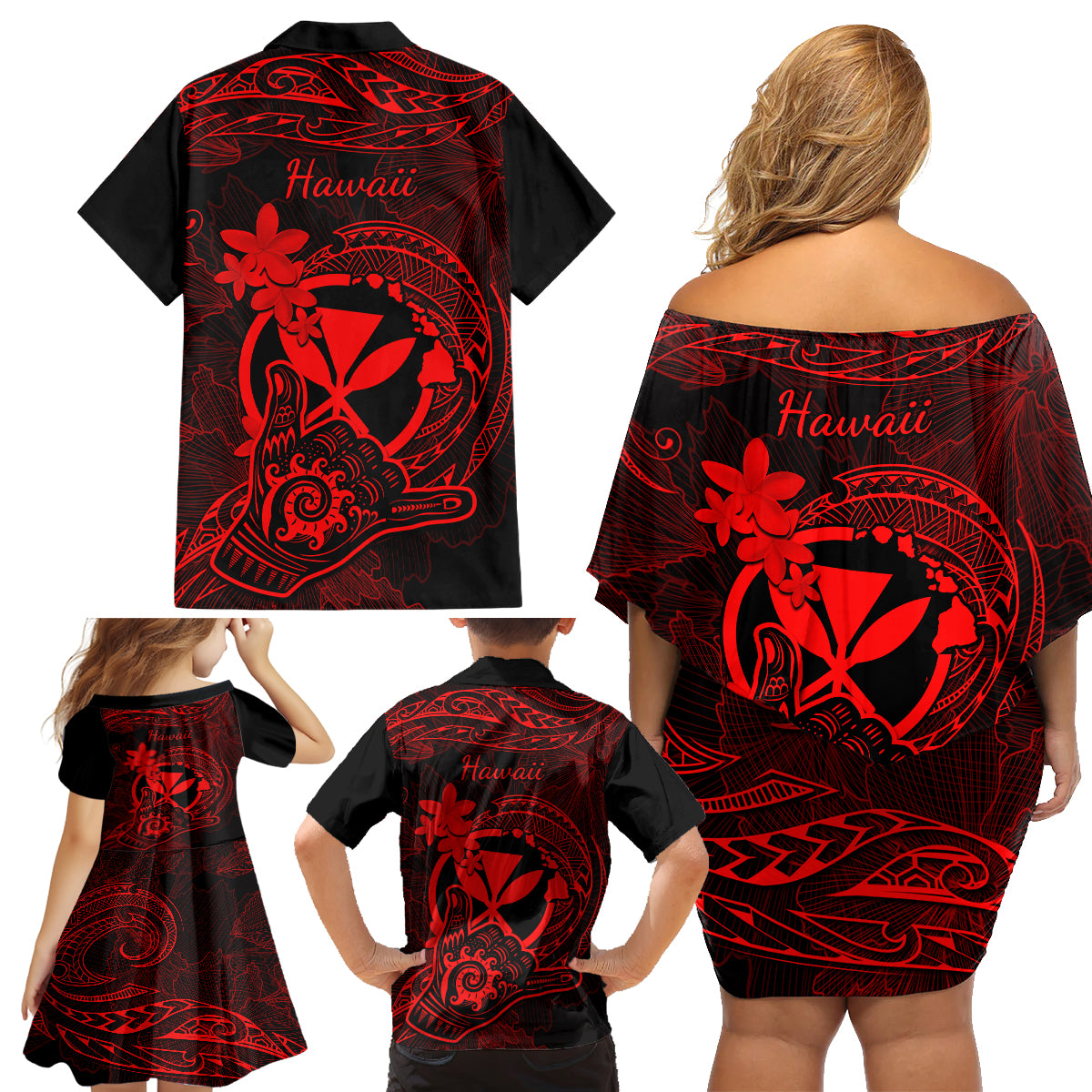 Hawaii Family Matching Off Shoulder Short Dress and Hawaiian Shirt Shaka Tattoo Mix Polynesian Plumeria Red Version LT14 - Polynesian Pride