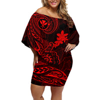 Hawaii Family Matching Off Shoulder Short Dress and Hawaiian Shirt Shaka Tattoo Mix Polynesian Plumeria Red Version LT14 Mom's Dress Red - Polynesian Pride