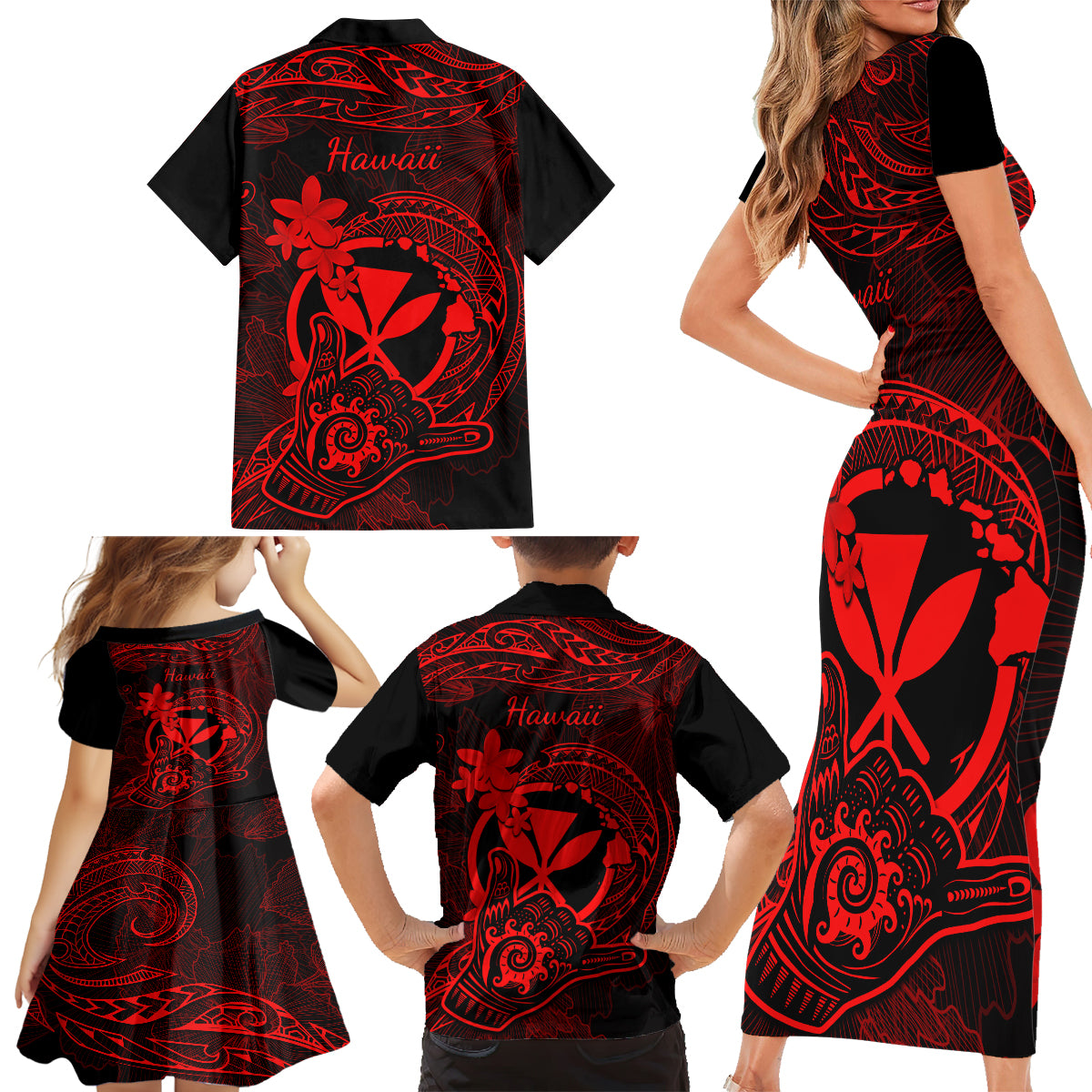 Hawaii Family Matching Short Sleeve Bodycon Dress and Hawaiian Shirt Shaka Tattoo Mix Polynesian Plumeria Red Version LT14 - Polynesian Pride