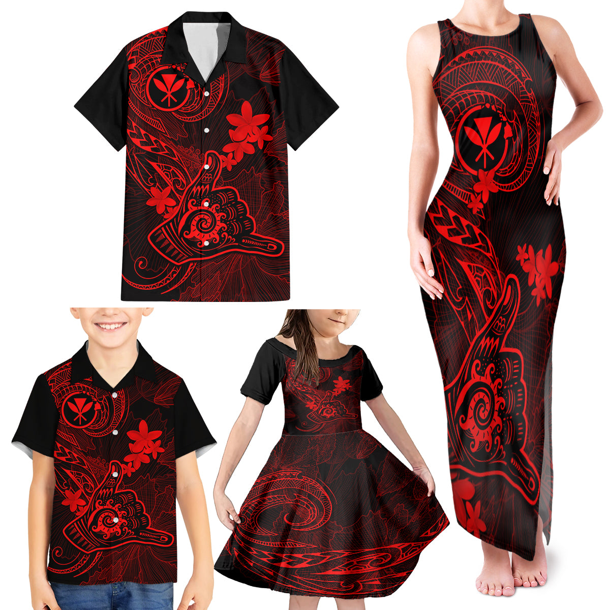 Hawaii Family Matching Tank Maxi Dress and Hawaiian Shirt Shaka Tattoo Mix Polynesian Plumeria Red Version LT14 - Polynesian Pride