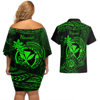 hawaii-couples-matching-off-shoulder-short-dress-and-hawaiian-shirt-shaka-tattoo-mix-polynesian-plumeria-green-version