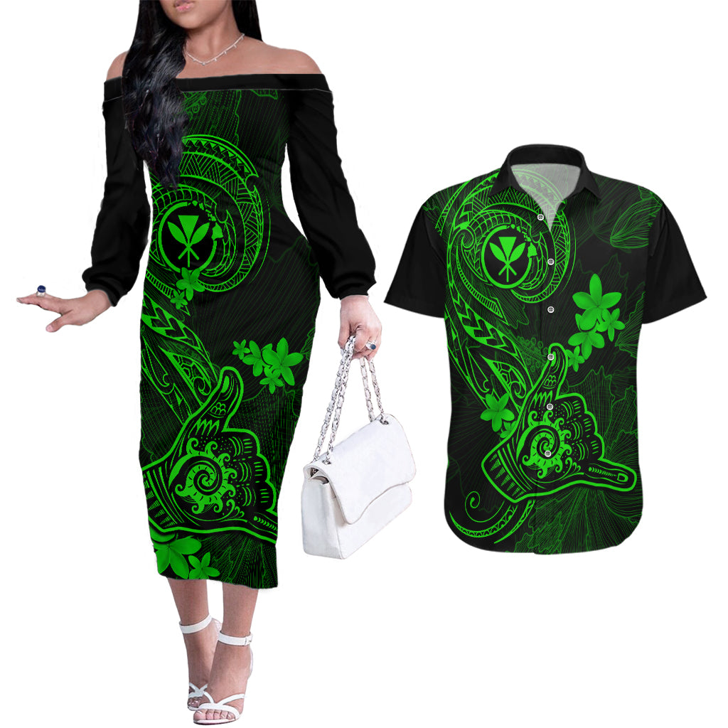 Hawaii Couples Matching Off The Shoulder Long Sleeve Dress and Hawaiian Shirt Shaka Tattoo Mix Polynesian Plumeria Green Version LT14 Green - Polynesian Pride