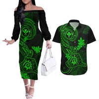 Hawaii Couples Matching Off The Shoulder Long Sleeve Dress and Hawaiian Shirt Shaka Tattoo Mix Polynesian Plumeria Green Version LT14 Green - Polynesian Pride