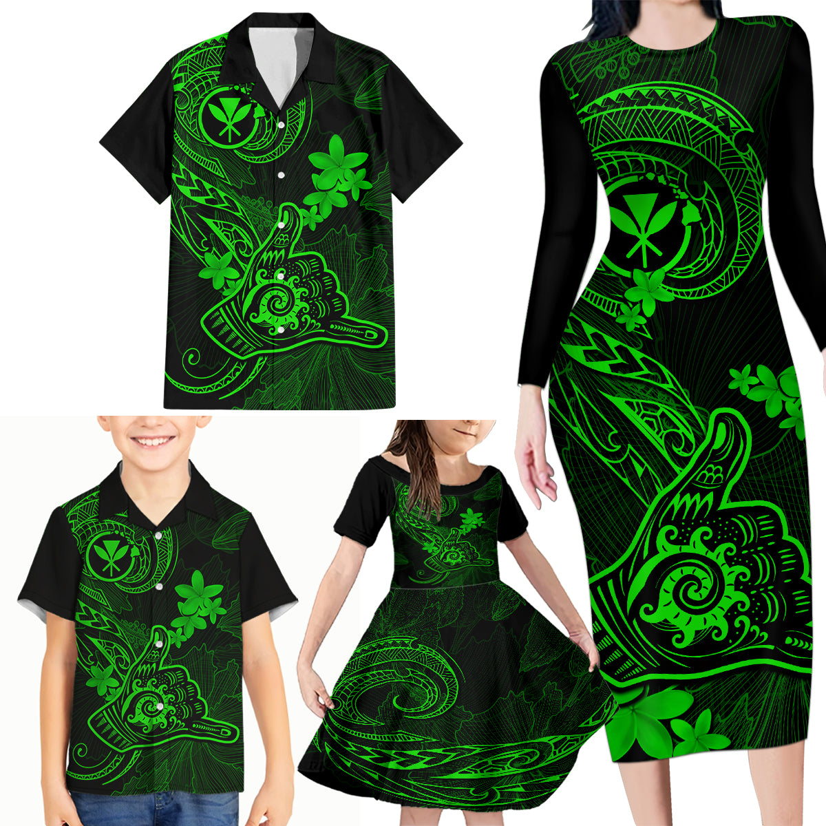 Hawaii Family Matching Long Sleeve Bodycon Dress and Hawaiian Shirt Shaka Tattoo Mix Polynesian Plumeria Green Version LT14 - Polynesian Pride