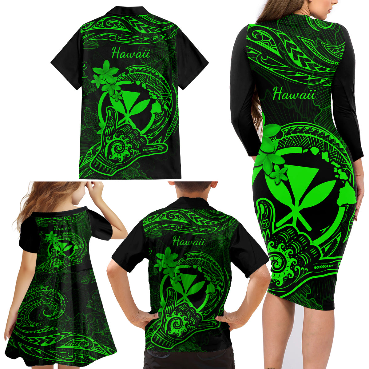 Hawaii Family Matching Long Sleeve Bodycon Dress and Hawaiian Shirt Shaka Tattoo Mix Polynesian Plumeria Green Version LT14 - Polynesian Pride