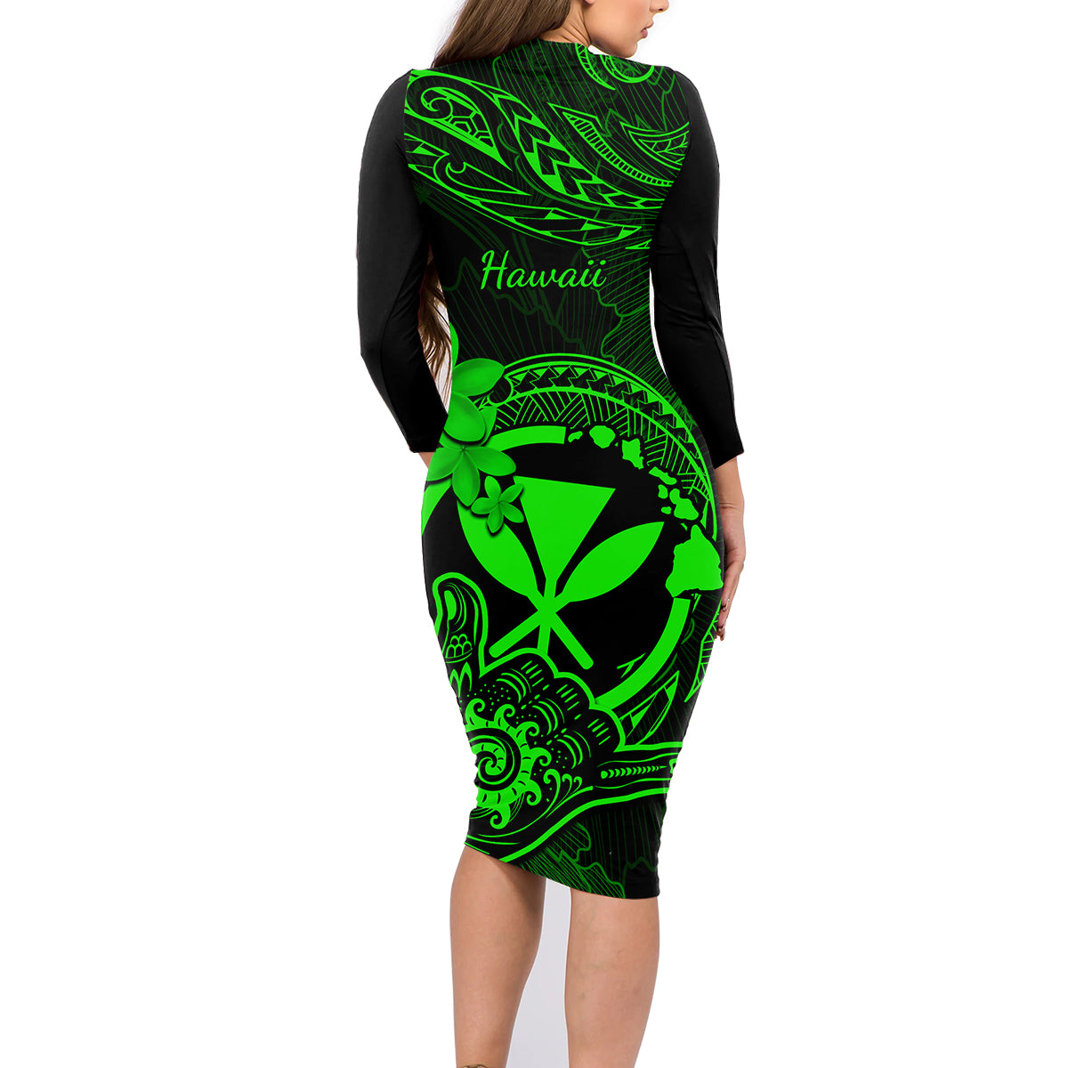 Hawaii Family Matching Long Sleeve Bodycon Dress and Hawaiian Shirt Shaka Tattoo Mix Polynesian Plumeria Green Version LT14 - Polynesian Pride