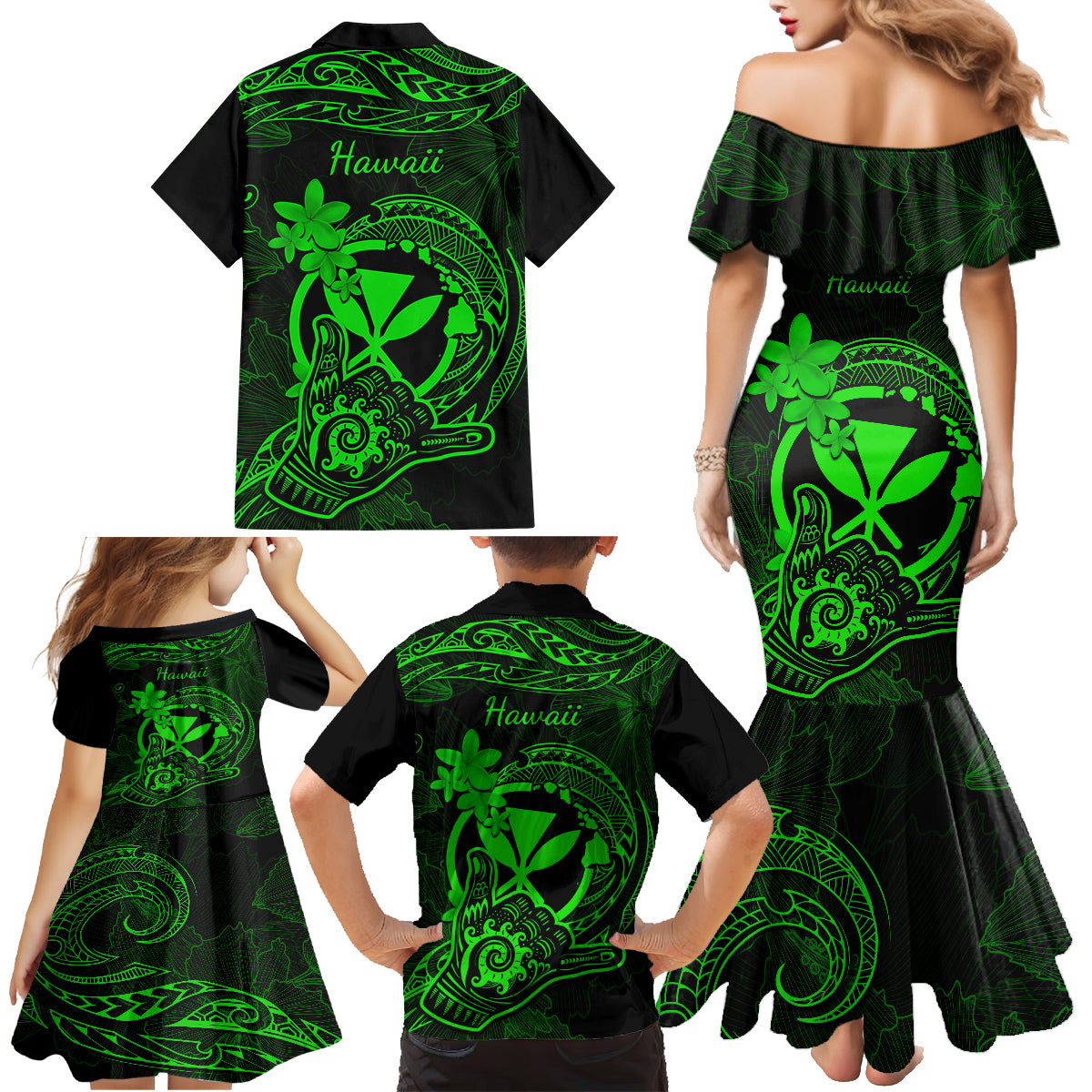 Hawaii Family Matching Mermaid Dress and Hawaiian Shirt Shaka Tattoo Mix Polynesian Plumeria Green Version LT14 - Polynesian Pride