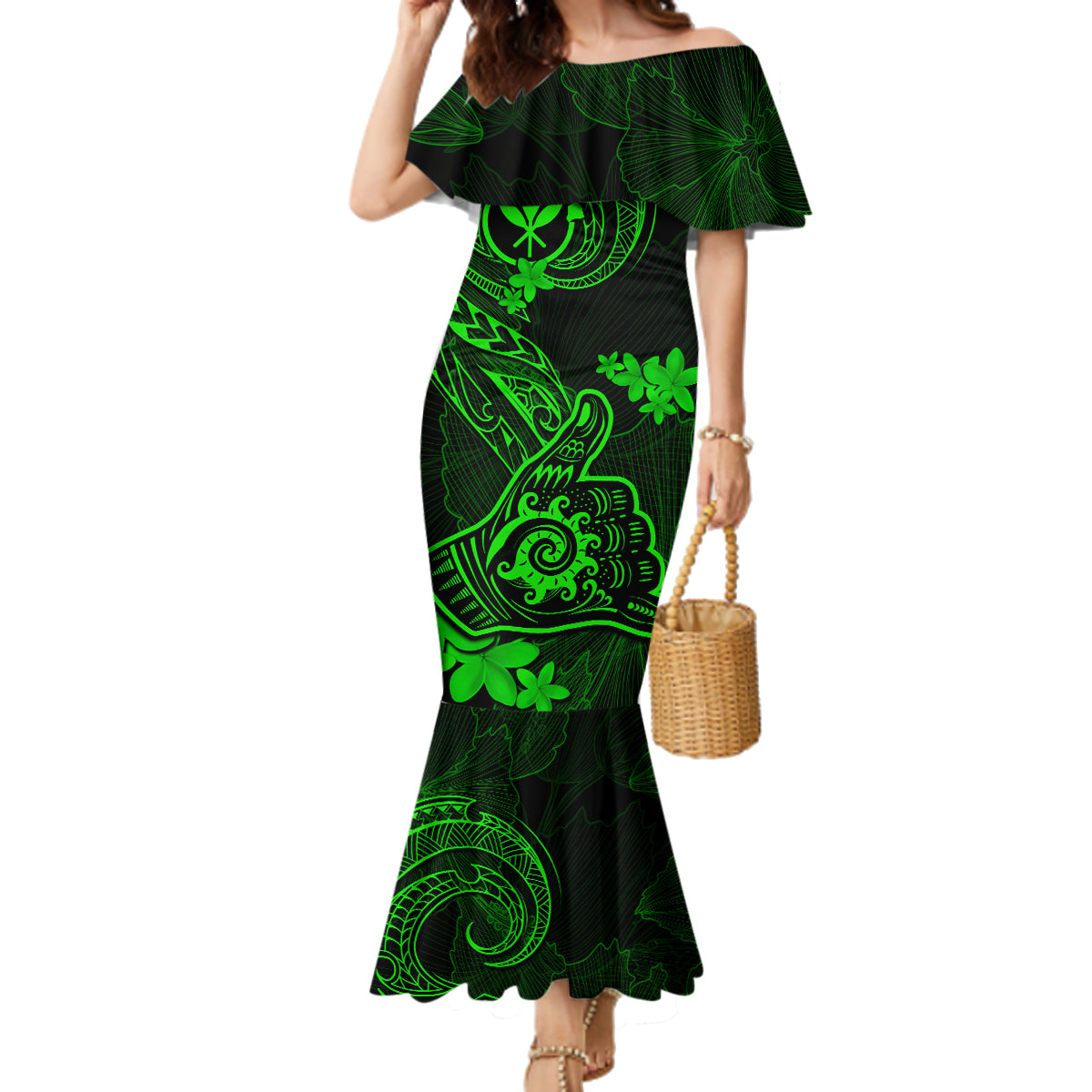 Hawaii Family Matching Mermaid Dress and Hawaiian Shirt Shaka Tattoo Mix Polynesian Plumeria Green Version LT14 Mom's Dress Green - Polynesian Pride