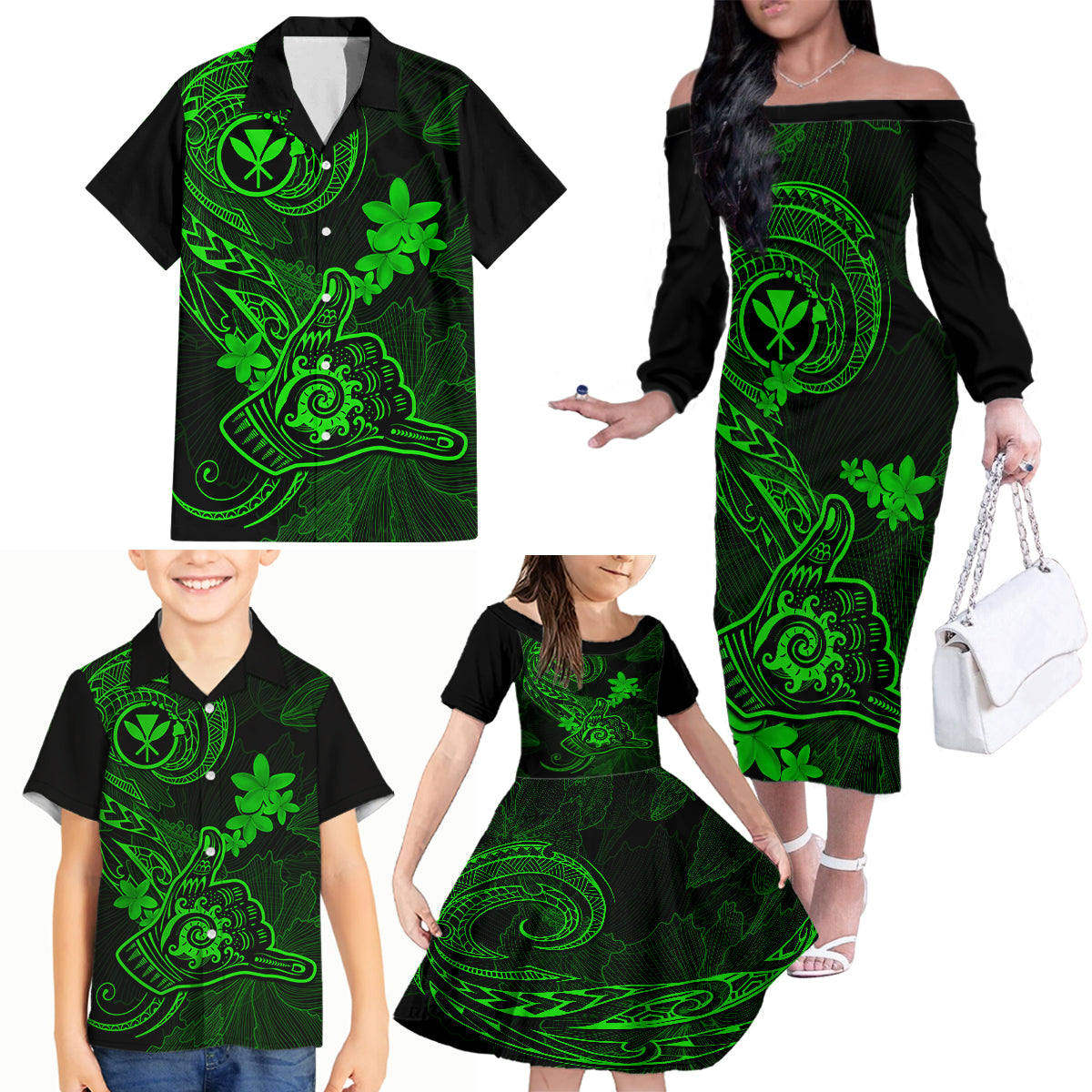 Hawaii Family Matching Off Shoulder Long Sleeve Dress and Hawaiian Shirt Shaka Tattoo Mix Polynesian Plumeria Green Version LT14 - Polynesian Pride