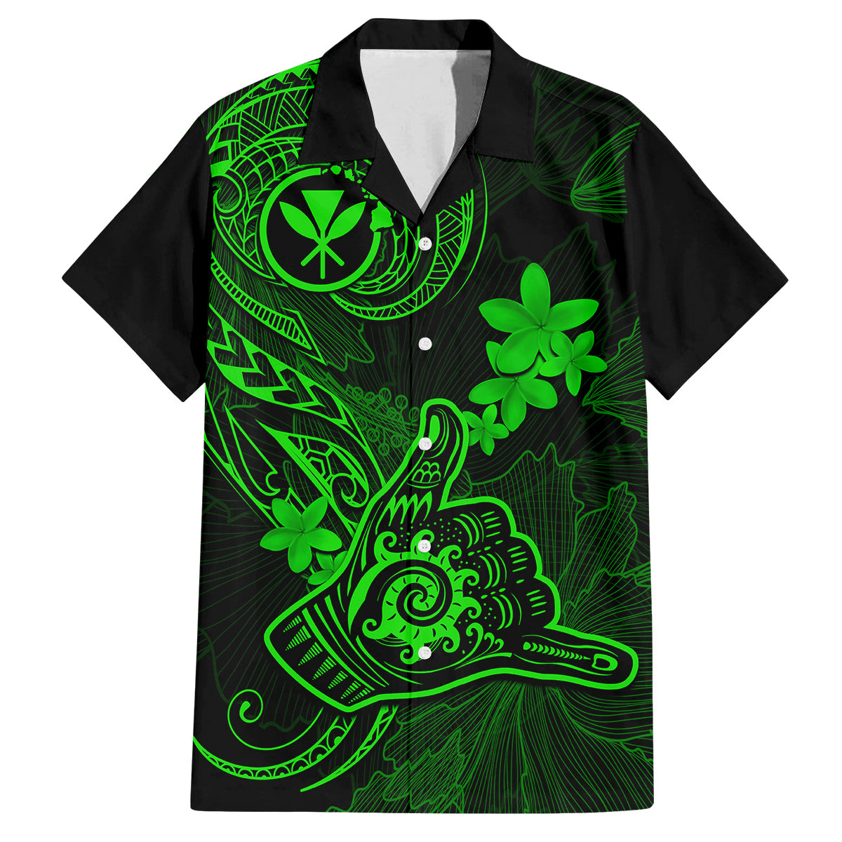 Hawaii Family Matching Off Shoulder Maxi Dress and Hawaiian Shirt Shaka Tattoo Mix Polynesian Plumeria Green Version LT14 Dad's Shirt - Short Sleeve Green - Polynesian Pride