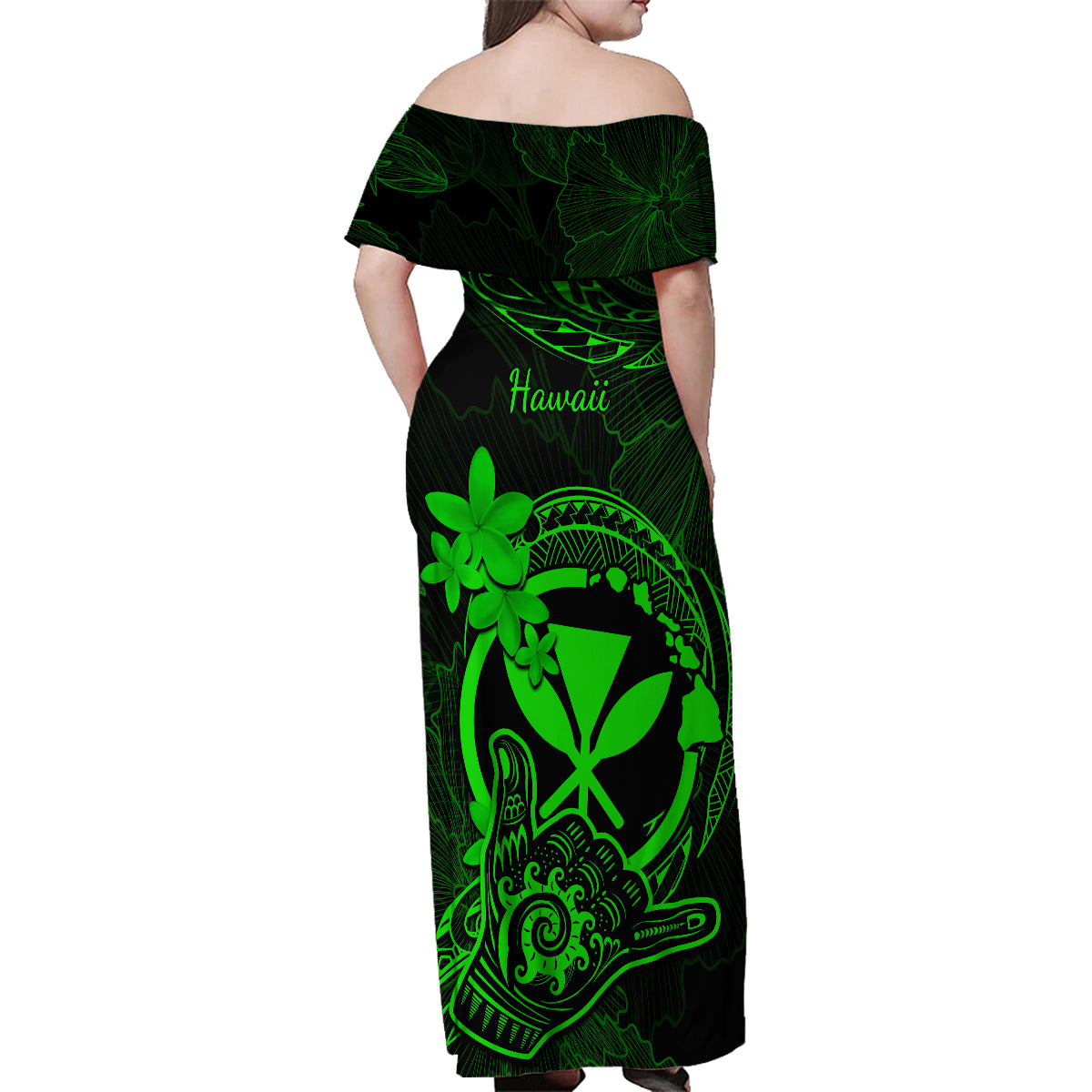 Hawaii Family Matching Off Shoulder Maxi Dress and Hawaiian Shirt Shaka Tattoo Mix Polynesian Plumeria Green Version LT14 - Polynesian Pride