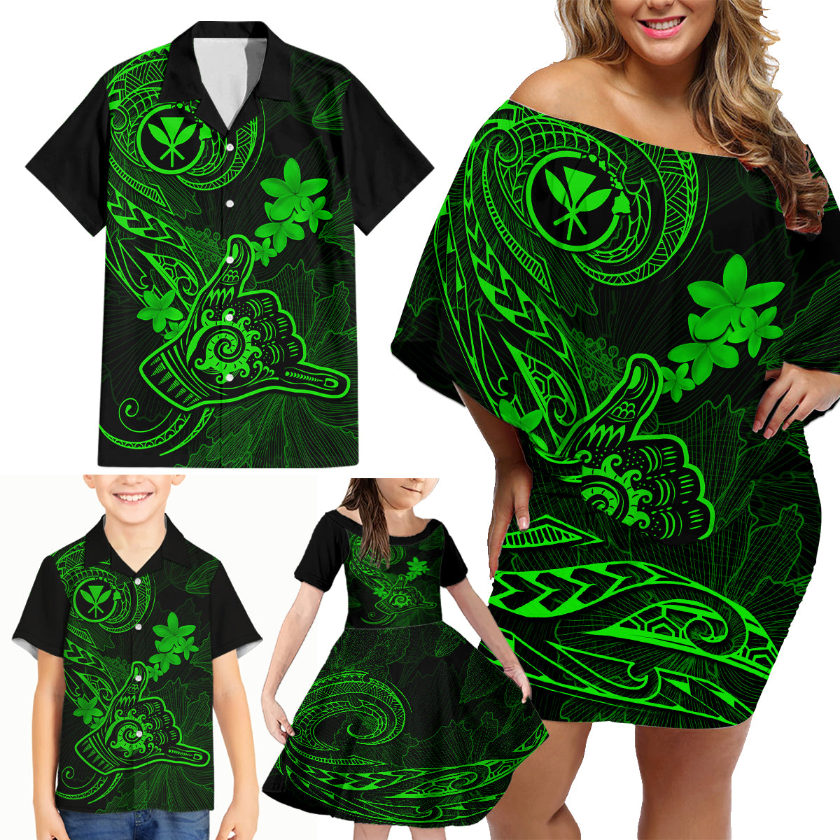 Hawaii Family Matching Off Shoulder Short Dress and Hawaiian Shirt Shaka Tattoo Mix Polynesian Plumeria Green Version LT14 - Polynesian Pride