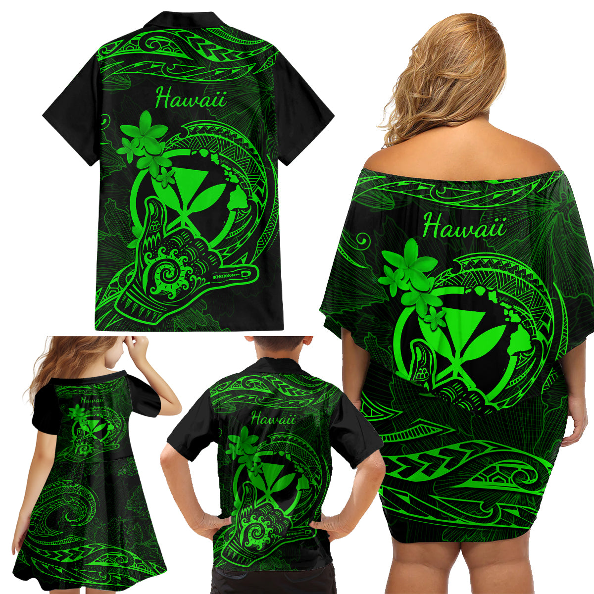 Hawaii Family Matching Off Shoulder Short Dress and Hawaiian Shirt Shaka Tattoo Mix Polynesian Plumeria Green Version LT14 - Polynesian Pride