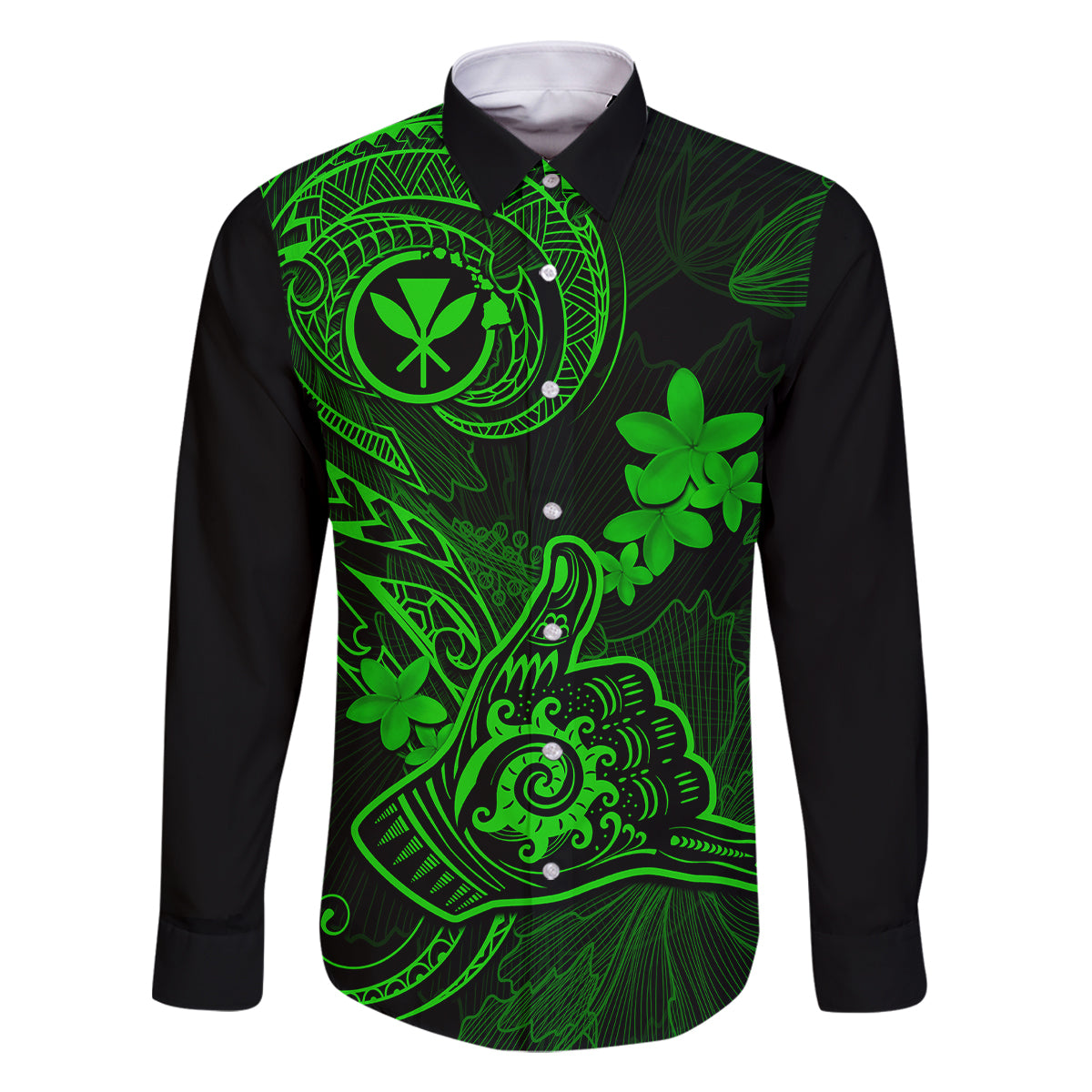 Hawaii Family Matching Off Shoulder Short Dress and Hawaiian Shirt Shaka Tattoo Mix Polynesian Plumeria Green Version LT14 Dad's Shirt - Long Sleeve Green - Polynesian Pride