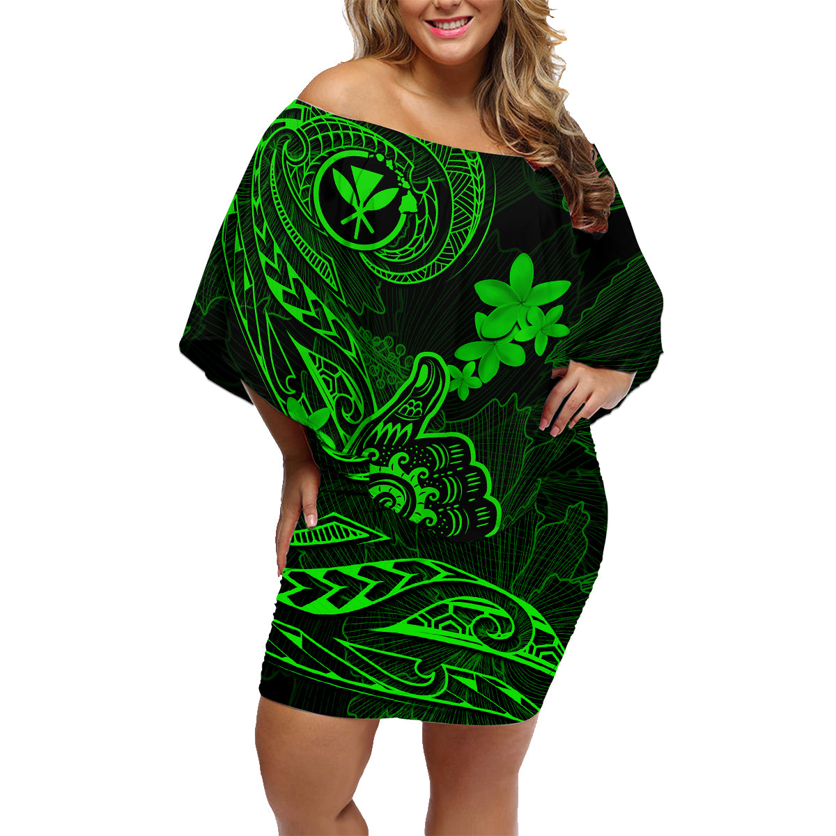 Hawaii Family Matching Off Shoulder Short Dress and Hawaiian Shirt Shaka Tattoo Mix Polynesian Plumeria Green Version LT14 Mom's Dress Green - Polynesian Pride