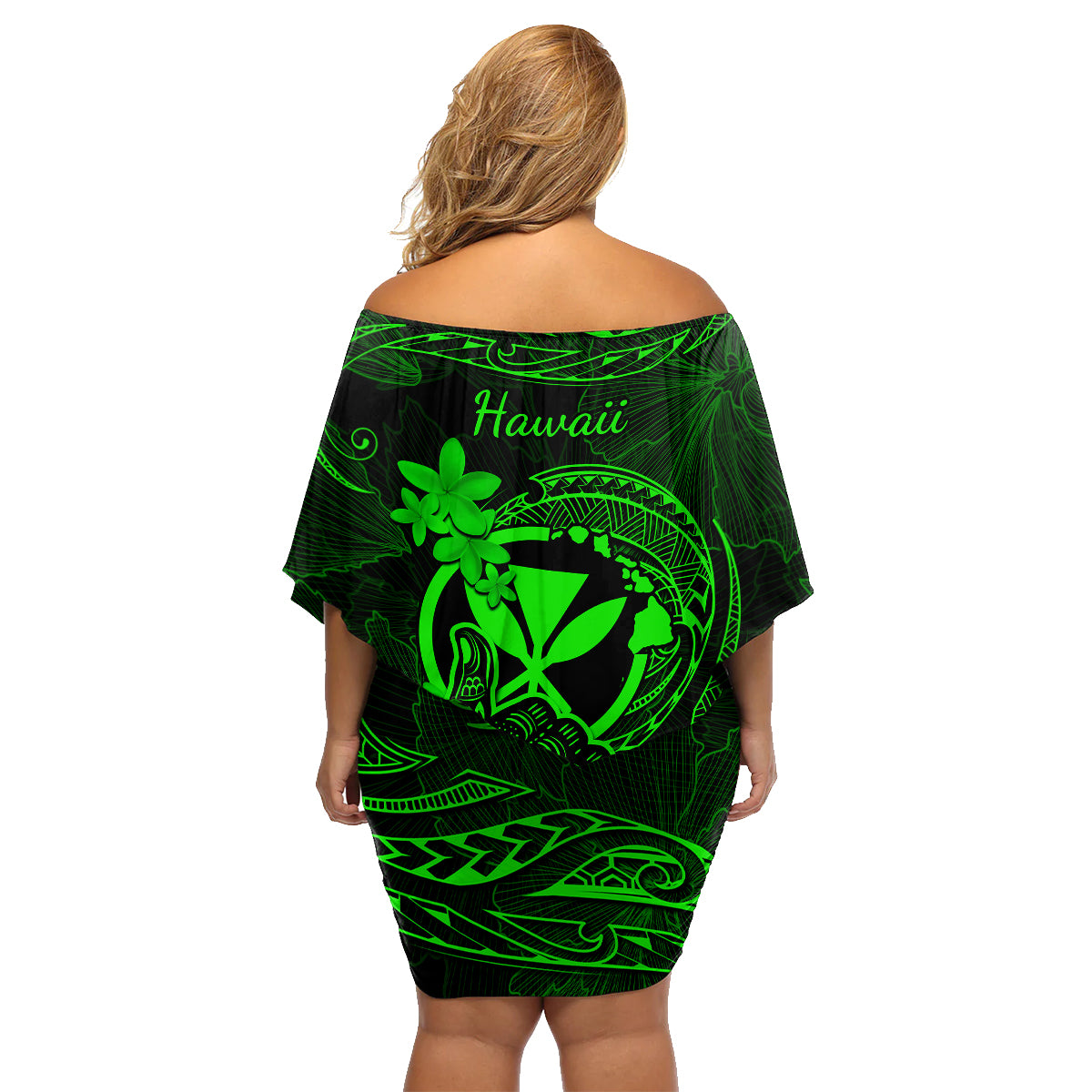Hawaii Family Matching Off Shoulder Short Dress and Hawaiian Shirt Shaka Tattoo Mix Polynesian Plumeria Green Version LT14 - Polynesian Pride