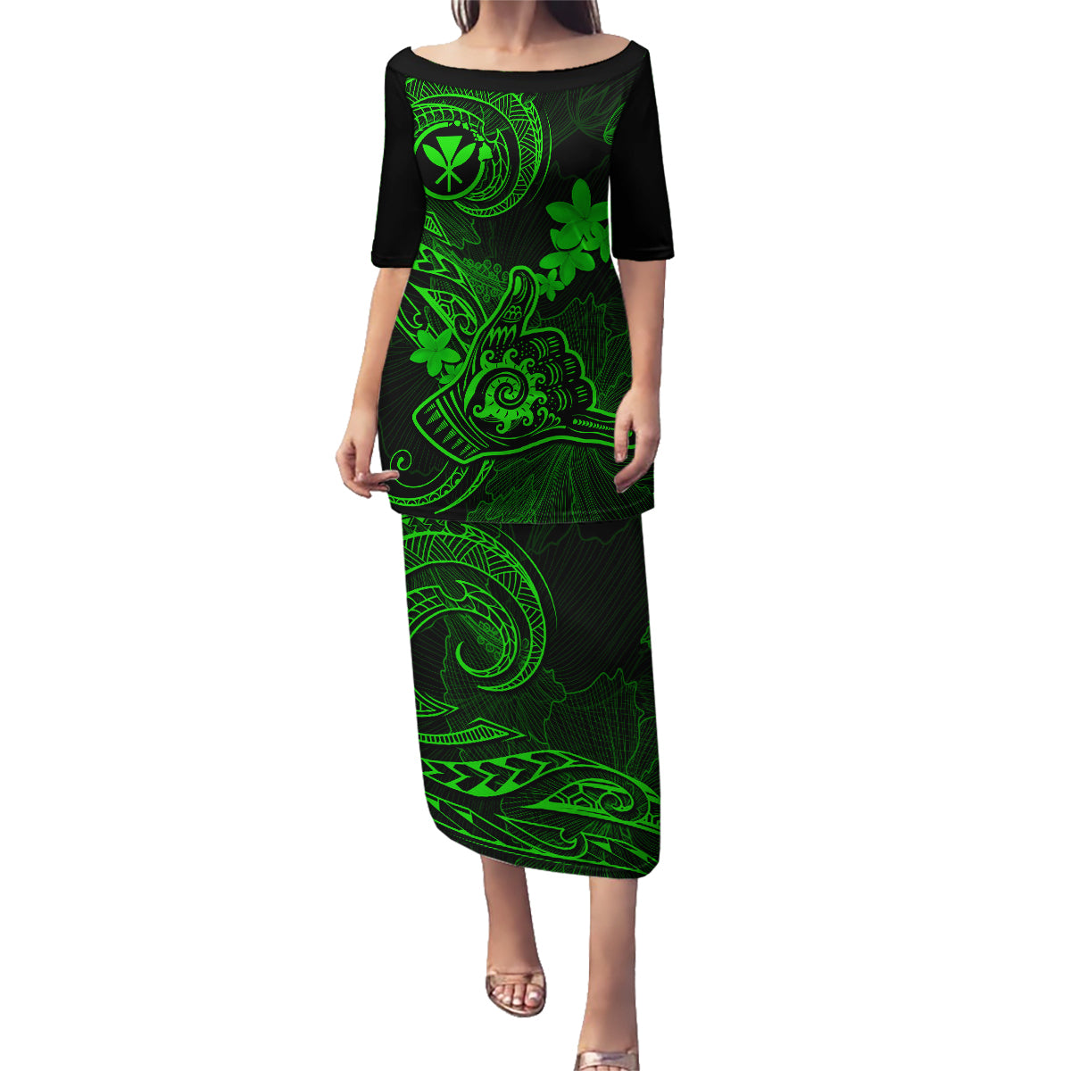 Hawaii Family Matching Puletasi Dress and Hawaiian Shirt Shaka Tattoo Mix Polynesian Plumeria Green Version LT14 Mom's Dress Green - Polynesian Pride