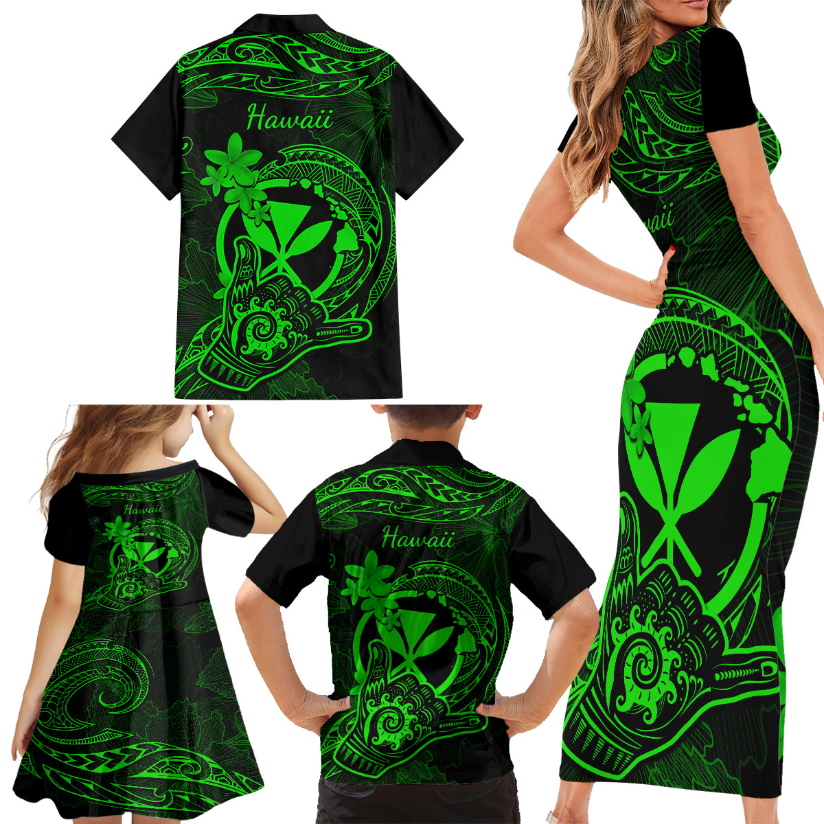 Hawaii Family Matching Short Sleeve Bodycon Dress and Hawaiian Shirt Shaka Tattoo Mix Polynesian Plumeria Green Version LT14 - Polynesian Pride