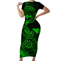 Hawaii Family Matching Short Sleeve Bodycon Dress and Hawaiian Shirt Shaka Tattoo Mix Polynesian Plumeria Green Version LT14 Mom's Dress Green - Polynesian Pride