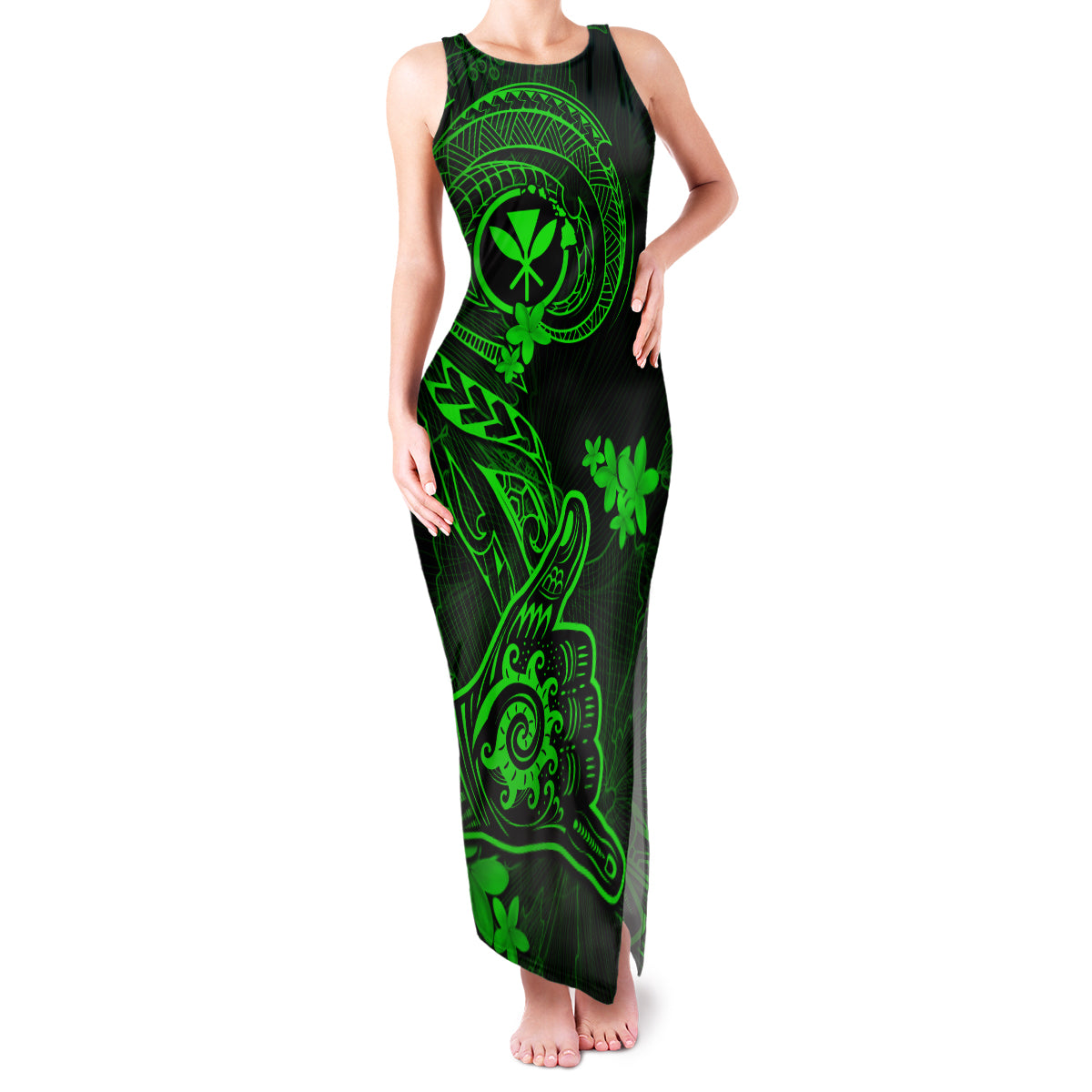 Hawaii Family Matching Tank Maxi Dress and Hawaiian Shirt Shaka Tattoo Mix Polynesian Plumeria Green Version LT14 Mom's Dress Green - Polynesian Pride